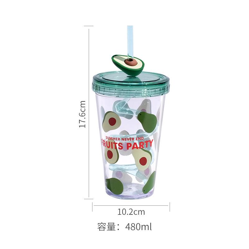 480ml Fruit Patterned Plastic Cup With Straw Transparent Juice Beverage Water Bottle for Drinking Ice Water Coffee Portable Mug