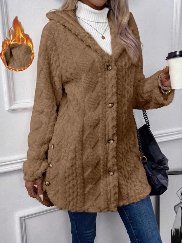 2025 Autumn/Winter Women's Warm Plush Hooded Cardigan - Button-Up Solid Color Coat