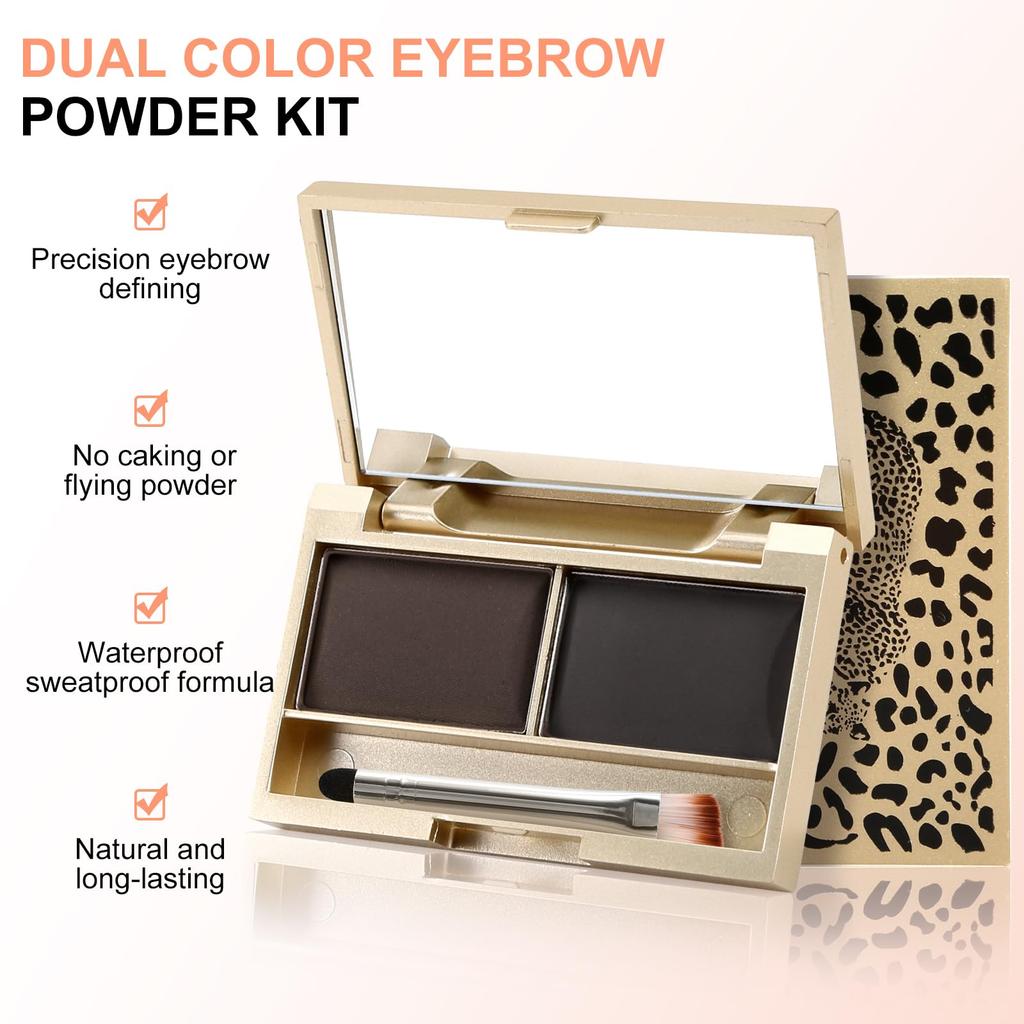 Boobeen Eyebrow Powder Waterproof Eyebrow Palette Definer Filler Eyebrow Color Shapes Brows Mirror Brush Included Kit, 2-Color Makeup, & Brows,