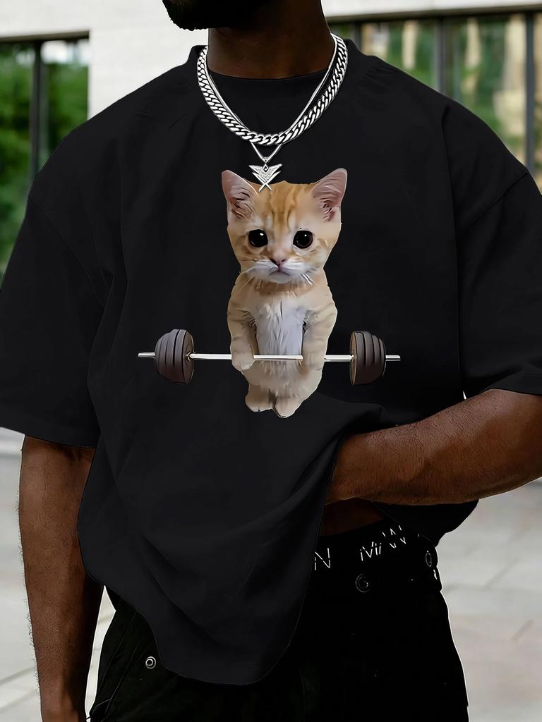 Unisexs Black Summer Crew Neck Short Sleeve Tee Cute Orange Cat Lifting Barbell Graphic Loose Oversized Streetwear Daily Casual Top