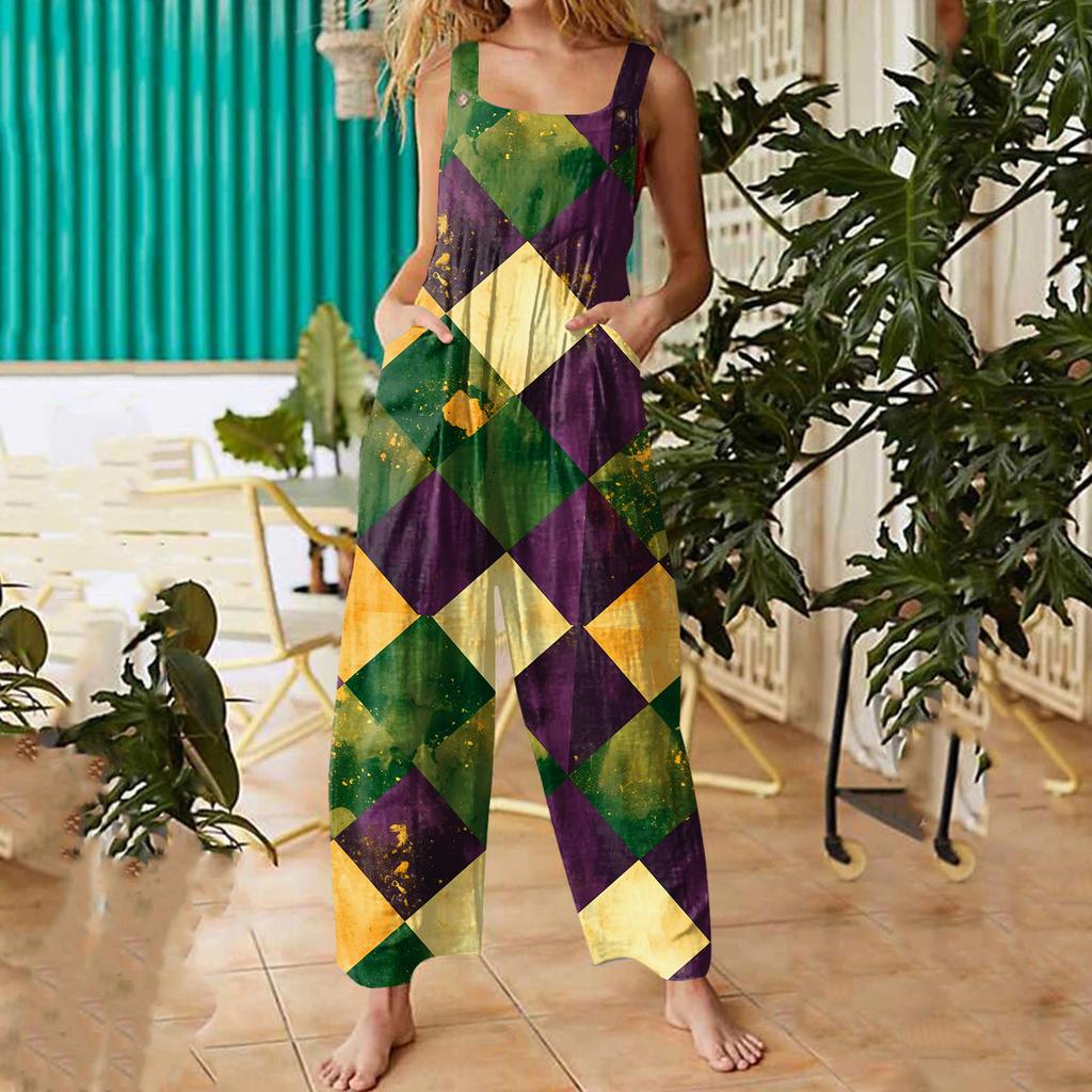 Womens Casual Overalls Jumpsuits Adjustable Straps Sleeveless Carnival Print Comfy Rompers With Pocket