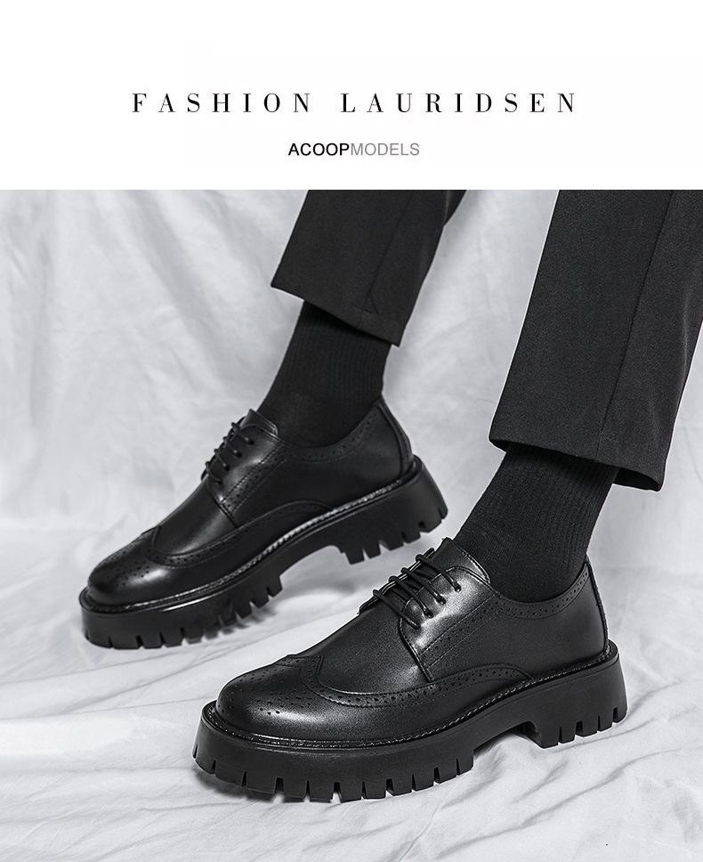Men's Thick Sole Lace-Up Brogue Leather Shoes - Spring/Autumn Casual Height-Boosting Low-Tops for Teens