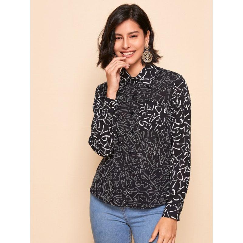 

Plus Size Women s Spring New Arrival Fashion Wind Loose Slim Looking Refreshing Breathable Print Tops Lapel Long Sleeves Shirt Black 3XL