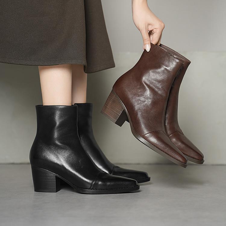 Premium Retro Brown Thick Heel Pointed Short Boots Women's 2025 Autumn and Winter Side Zipper Splicing Genuine Leather Chelsea Boots