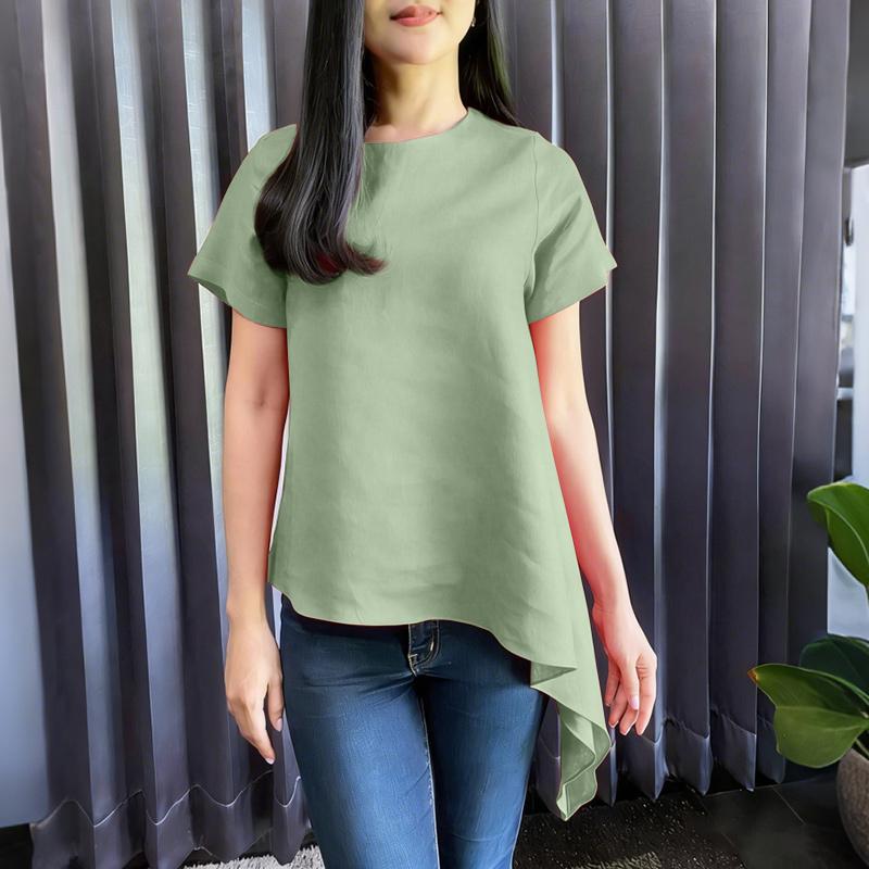 ZANZEA Women Casual Round Neck Short Sleeve Asymmetrical Hem Blouse
