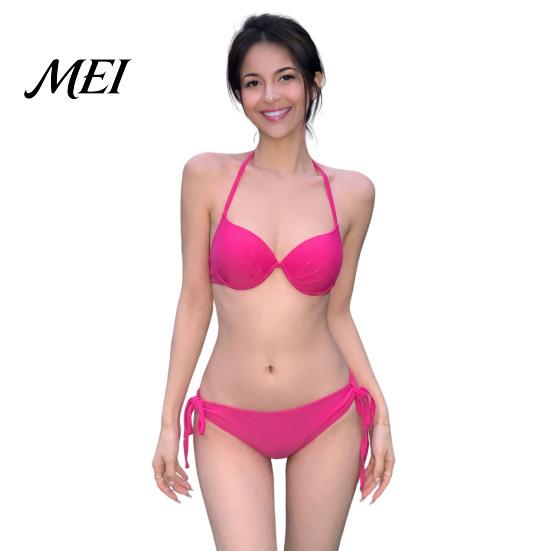 Sexy Bathing Suit Women Solid Color Bikini Set, Summer Two Piece Swimsuit, Halter Tie Underwire Top Slimming Beachwear & High Cut Bottom, for