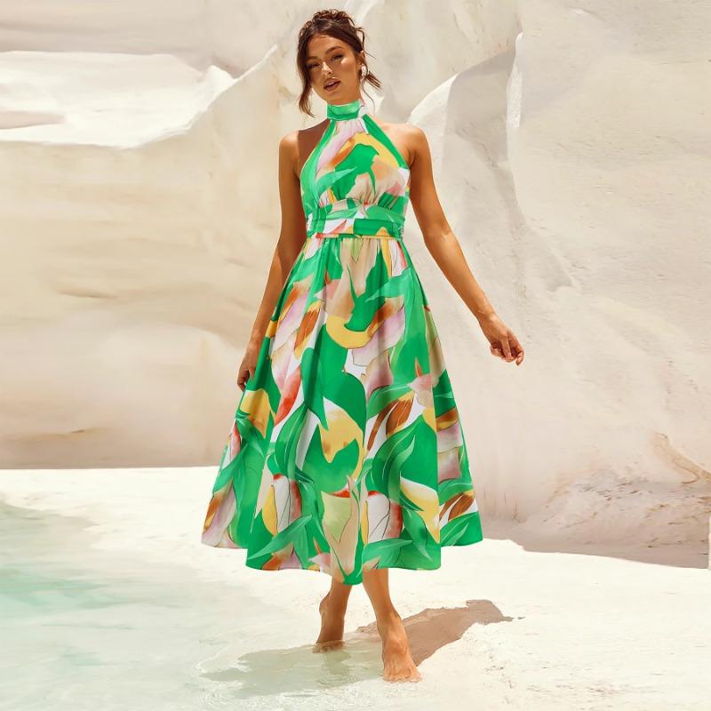 Women's Sexy Standing Neck Sleeveless Printed Dresses Midi Dresses