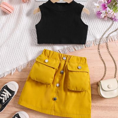 Mädchenmode-Set: Sommer Kinder Freizeit Einfarbig Pullover und Rock Zweiteiliges Set