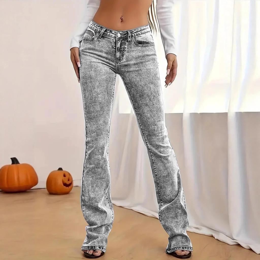 Fashion Women's Gray Low-Rise Slim Fit Bootcut Jeans Snow Wash Streetwear Elegant Denim Pants