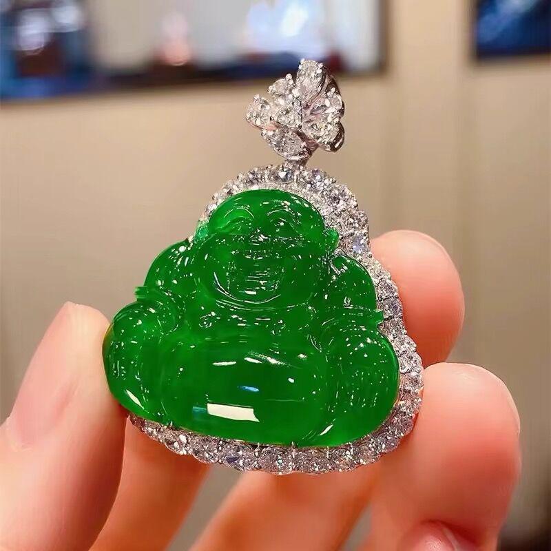 Ice Green Jadeite Laughing Buddha Pendant Necklace - Imperial Green Women's Charm Accessory