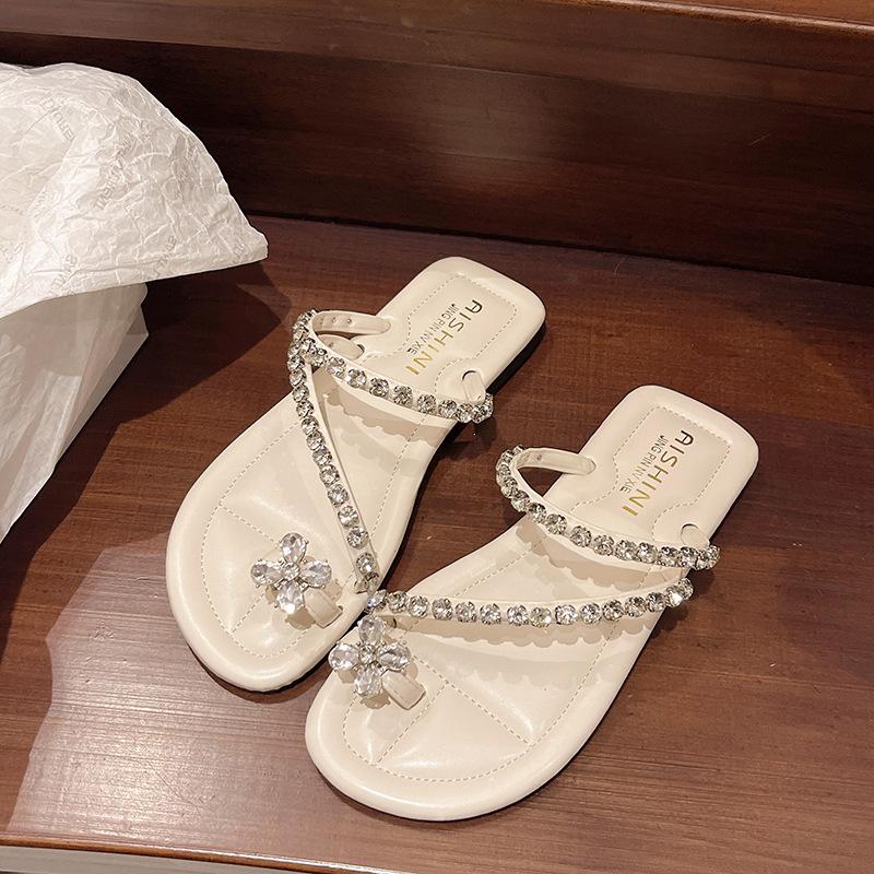 

Плоские французские тапочки с плоским носком, маленькие, классные, женские, новинка 2025 года, мягкая подошва с юбкой, стразы, красивые сандалии для морского побережья 35 бежевый