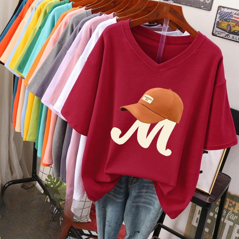 

Женская футболка с коротким рукавом, большого размера, свободная и стройнящая, топ с V-образным вырезом с принтом 3XL бордовый