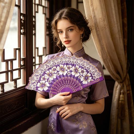 Chinese Style Flower Folding Fan with Faux Pearl Tassel Portable Plastic Ribs Hand Fan Women Dance Performance Props Party Favors