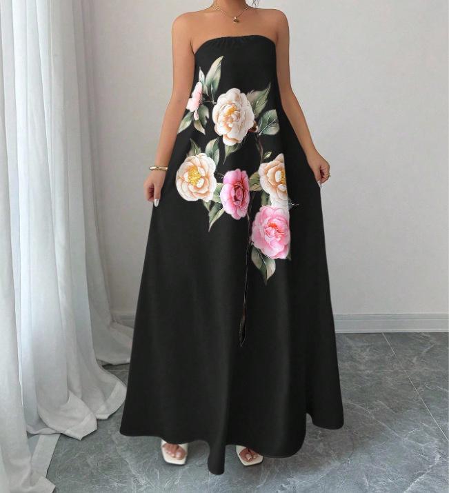 2026 Summer Floral Printed One-Shoulder Dress - European & American Fashion Double Extra Large чёрный