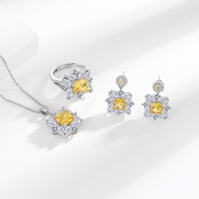 Luxury Square Yellow Diamond Zircon Set Necklace Earrings Ring Three-piece Jewelry Set Ring Size:Adjustable