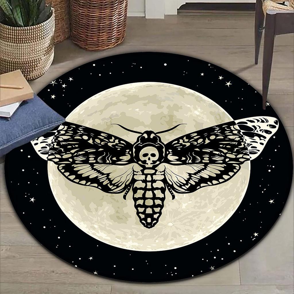 Gothic Death Moth Moon Round Rug - Washable Anti-Slip Doormat for Home, Hotel, Living Room and Entryway Decor