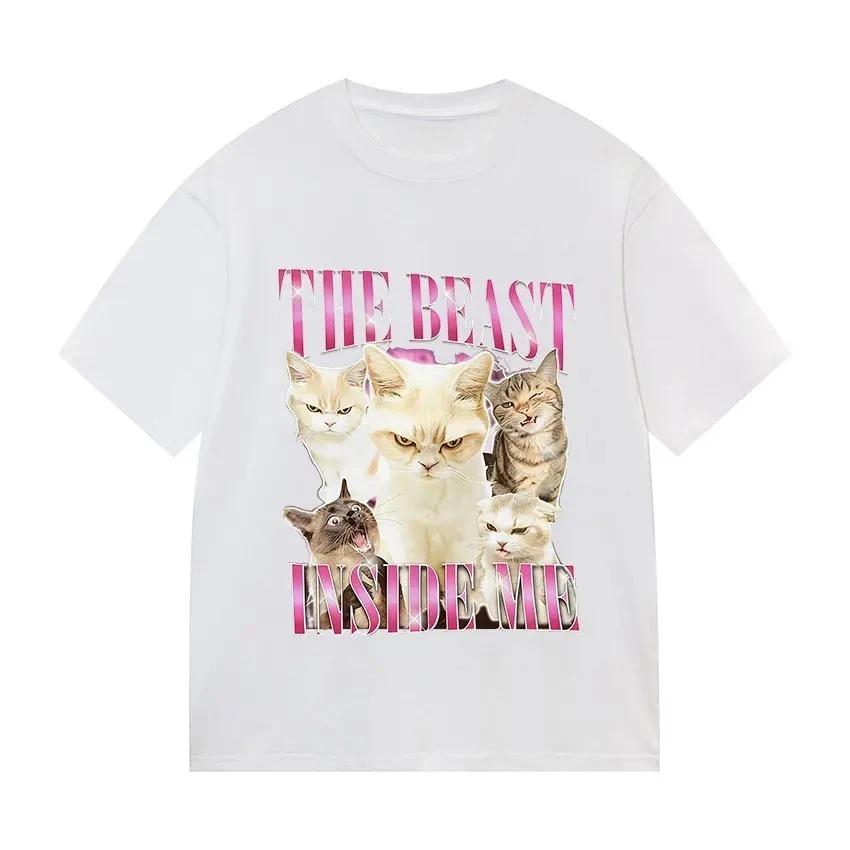 Beast Gifts Unique and Fun Cat Emoji T-Shirt Retro Harajuku Style Casual Short-Sleeved T-Shirt Women Clothing Personality