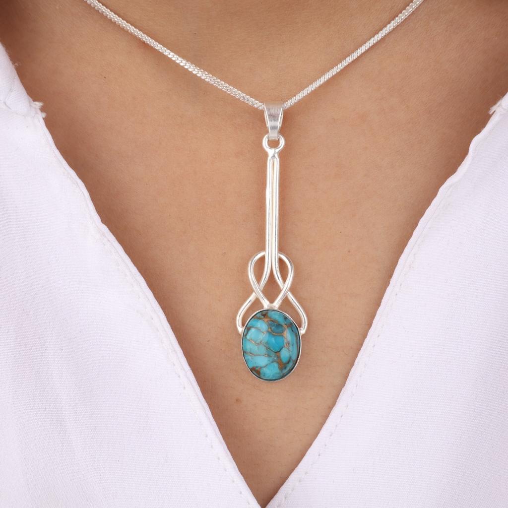 Blue Copper Turquoise Gemstone 925 Sterling Silver Jewelry Handmade Pendant1.79" PP-60-40