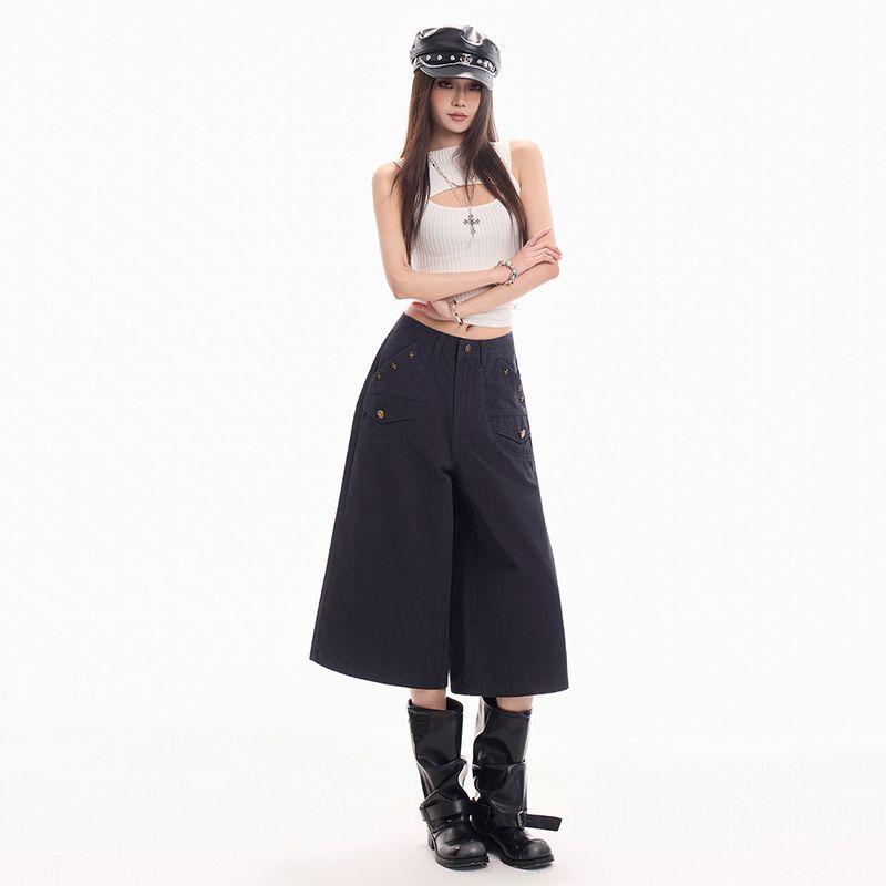 Fashion High Street Vintage Button Detailed Navy Blue Cropped Capri Cargo Pants For Women Loose Wide Leg  Versatile Slimming FigureFlattering Bottoms