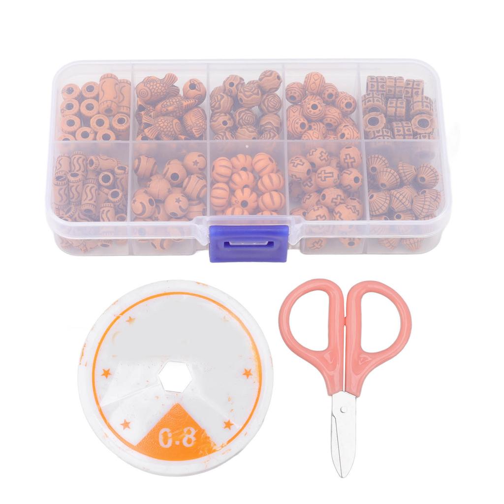 199 Peças Contas de Madeira Sintética Artesanato DIY Contas Listradas com Furo Grande Resina Conservante Contas Vintage com Tesoura Linha