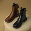 Women's Soft-Soled Genuine Leather Short-Tube Martin Boots, 2025 Autumn/Winter, Plus Velvet, Comfortable Round-Toe, Mid-Heel Chelsea Ankle Boots