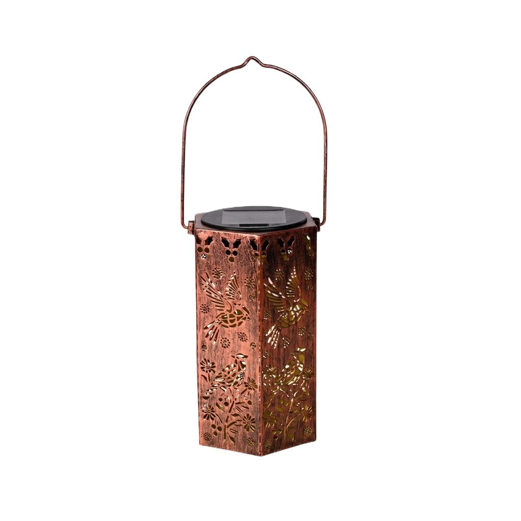Solar Powered Outdoor Garden Lantern with Decorative Cutout Metal Frame Hanging Handle for Patio Yard Pathway Lighting