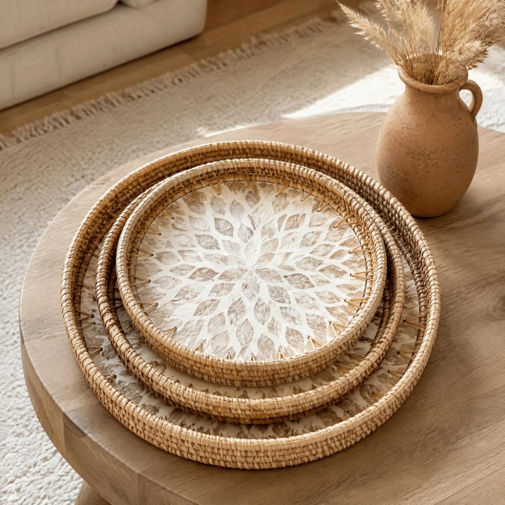 Round Rattan Tray Handmade Decorative Tray Storage Tray Woven Tray  Table Tray