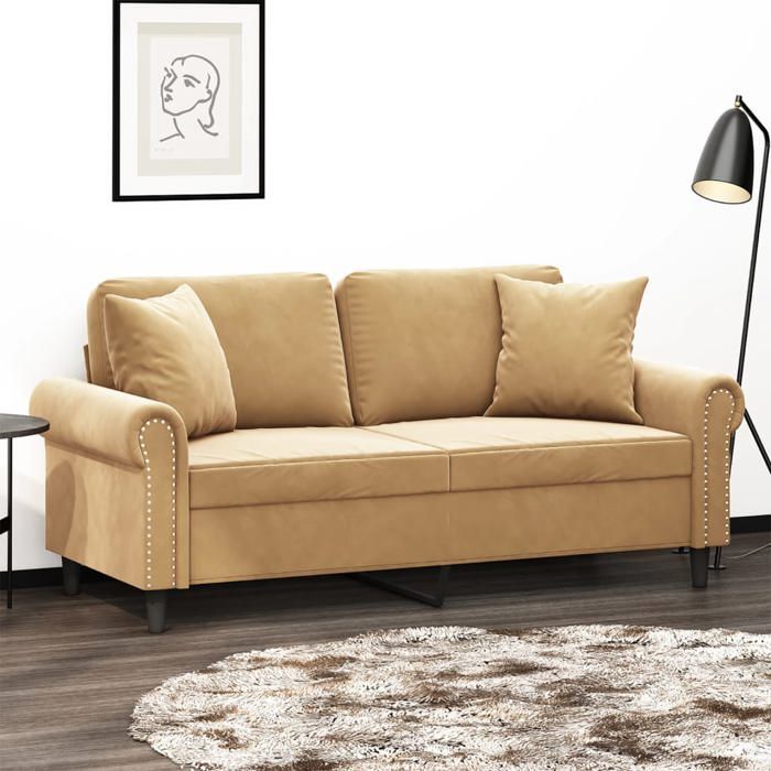 VidaXL 2-seater Sofa with Decorative Pillows Brown 140 Cm Velvet, Sofa, Upholstered Sofa, Living Room Seat, Loveseat, 3200952