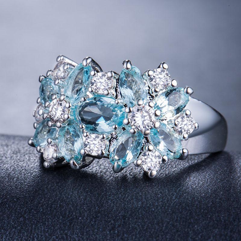 925 Sterling Silver White Zircon & Green Crystal Flower Ring for Women Vintage Engagement Promise Band Wedding Jewelry Gift