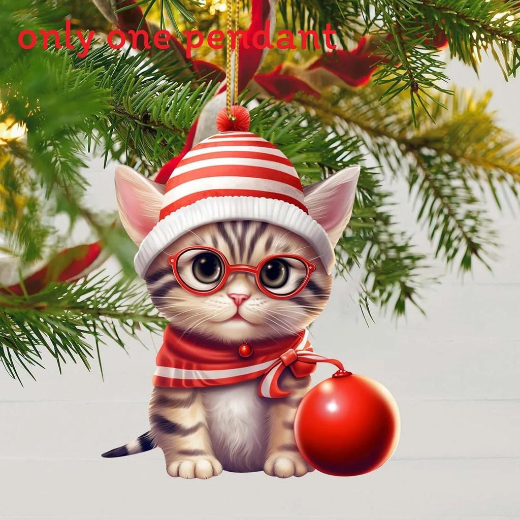 Flat Acrylic Surface Pendant With Cute Cat Wearing Christmas Hat Design Decor