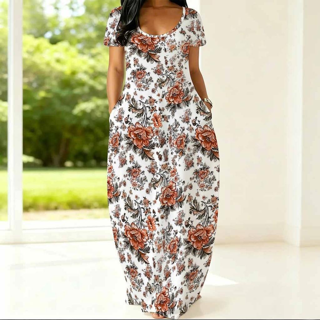 Plus Size Women Summer Dress Crew Neck Short Sleeve Loose Fit Apparel For Casual Home And Outdoor Walking