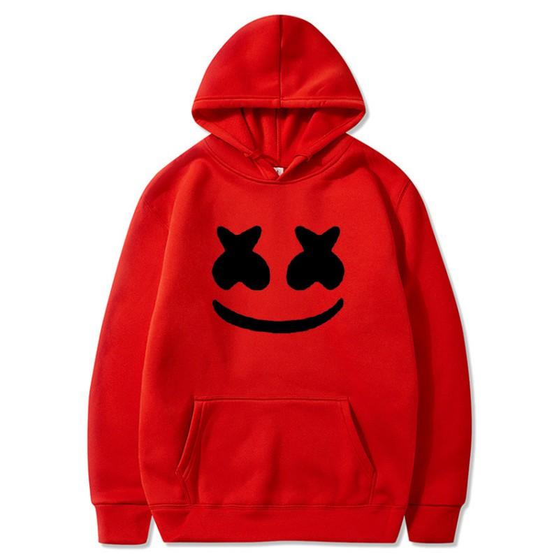 Mens Marshmello Smiley Face Hooded Sweatshirt Loose Fit Cotton Blend Winter Pullover