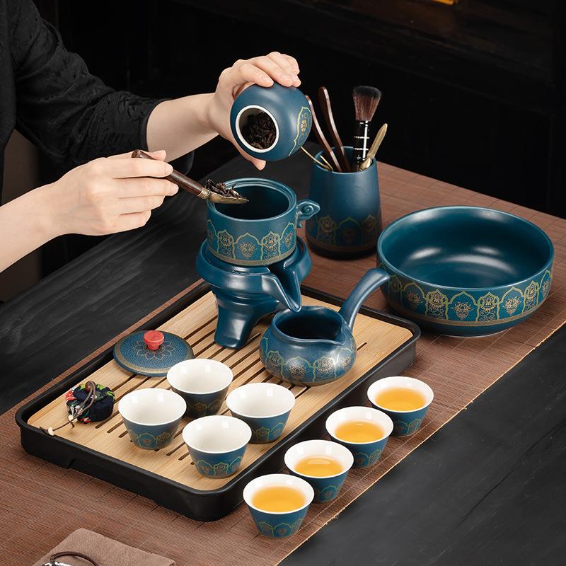Household tea brewing light luxury blue ancient rhyme automatic tea set Household lazy tea brewing device light luxury ceramic stone grinding teapot