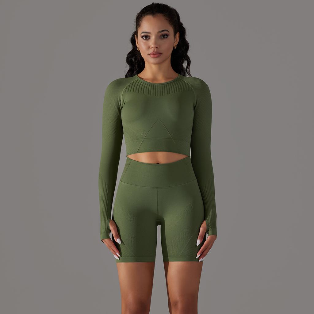 Seamless Long Sleeved Round Neck T-Shirt Sports Suit, High Waist And Hip Lifting Tight Shorts, Fitness Yoga Two-Piece Set For Women