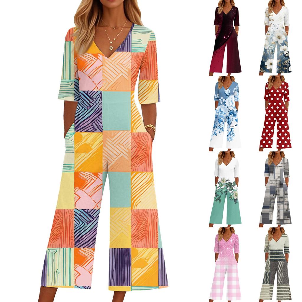 Salopetă largă casual cu gât în V pentru femei, cu imprimeu, salopetă slim fit cu picior lat, salopetă cu picior lat
