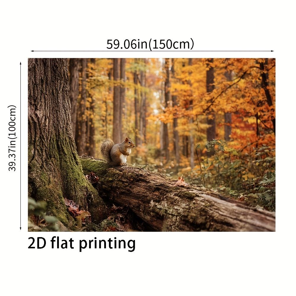 2D plane, autumn forest theme, featuring squirrels, wood, trees and fallen leaves, polyester fiber