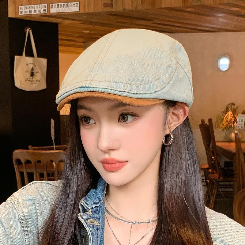 Retro and old anti-wearing denim forward hat female face peaked cap newsboy hat spring and autumn versatile painter hat
