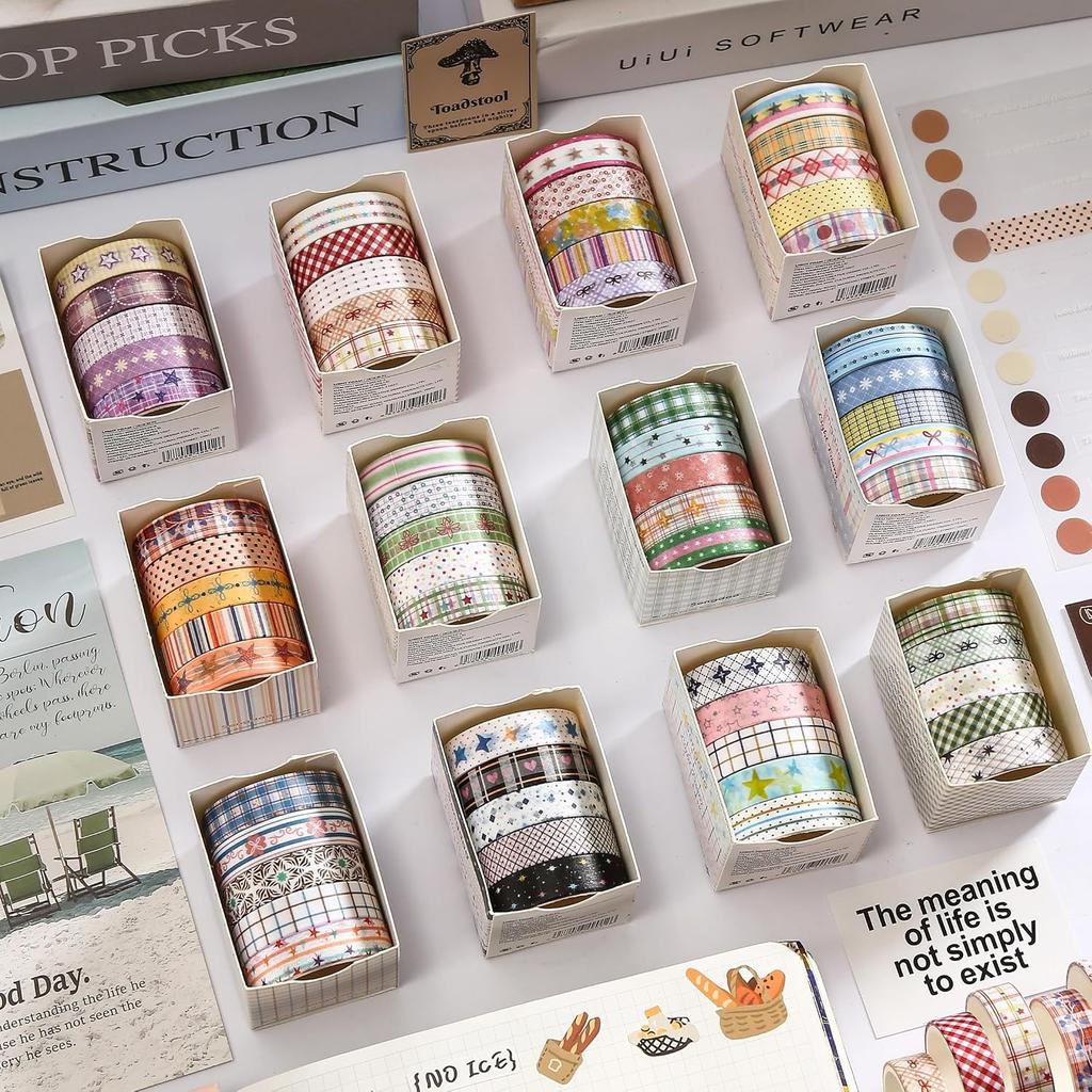 Songdao Washi Narrow Set A Variety of Basic Patterns Including and Dots Masking Tape Perfect for and Gift Wrapping 10mm x 2m Each Tape, Width, 60-Roll