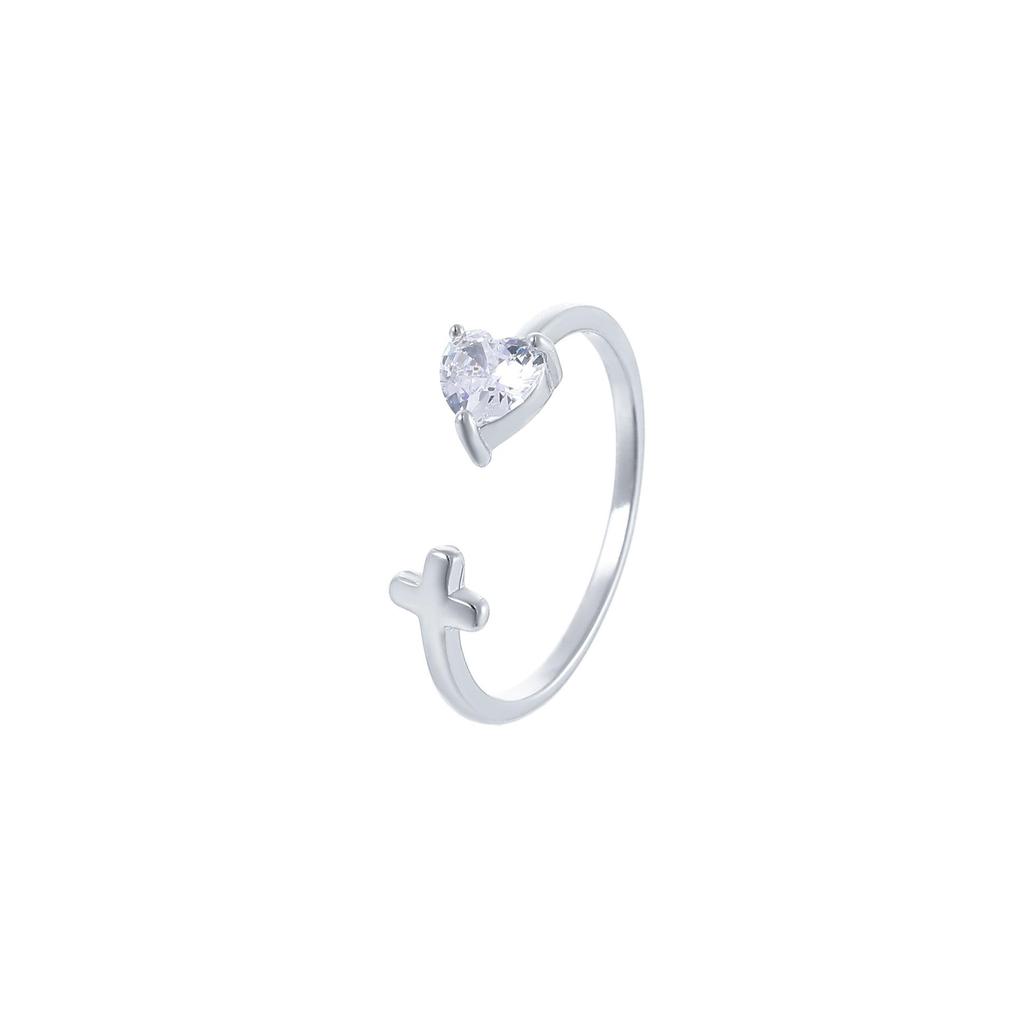 S925 Sterling Silver Heart-Shaped Diamond Cross Ring – Women's High-End Niche Design