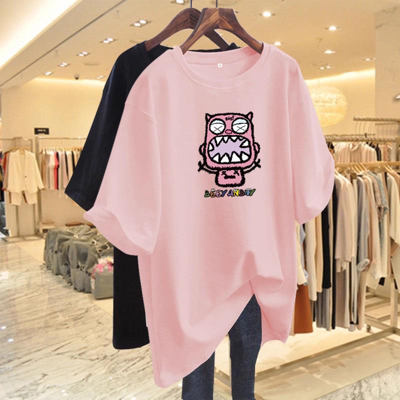 Women's Retro Cartoon Print Loose T-Shirt - Mid-Length, Round Neck, Short Sleeve, Oversized Summer Top