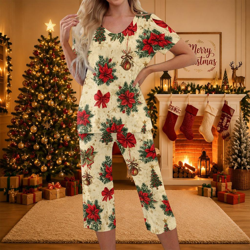 Women's Casual Christmas Print Two-Piece Outfit with Short Sleeve Top and Pants