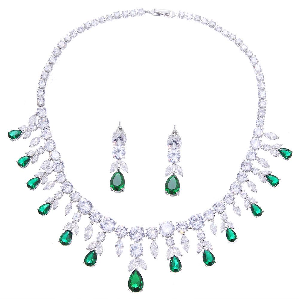 Exaggerated Emerald Zircon Earrings & Necklace Bridal Set - European & American Fashion