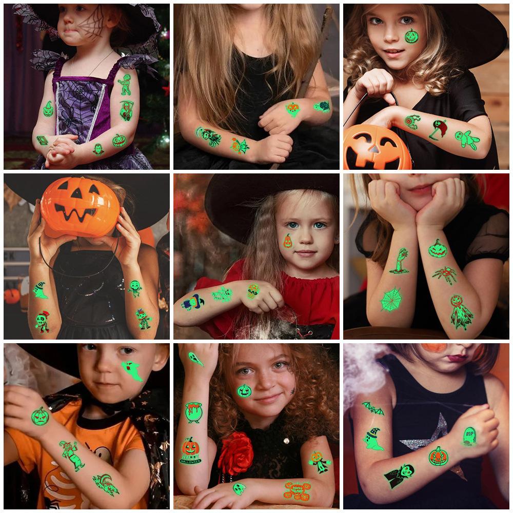 10 Sheets/Set Halloween Luminous Tattoo Stickers Face Temporary Cartoon Pumpkin Funny Body Arm Party Tattoo for Kids
