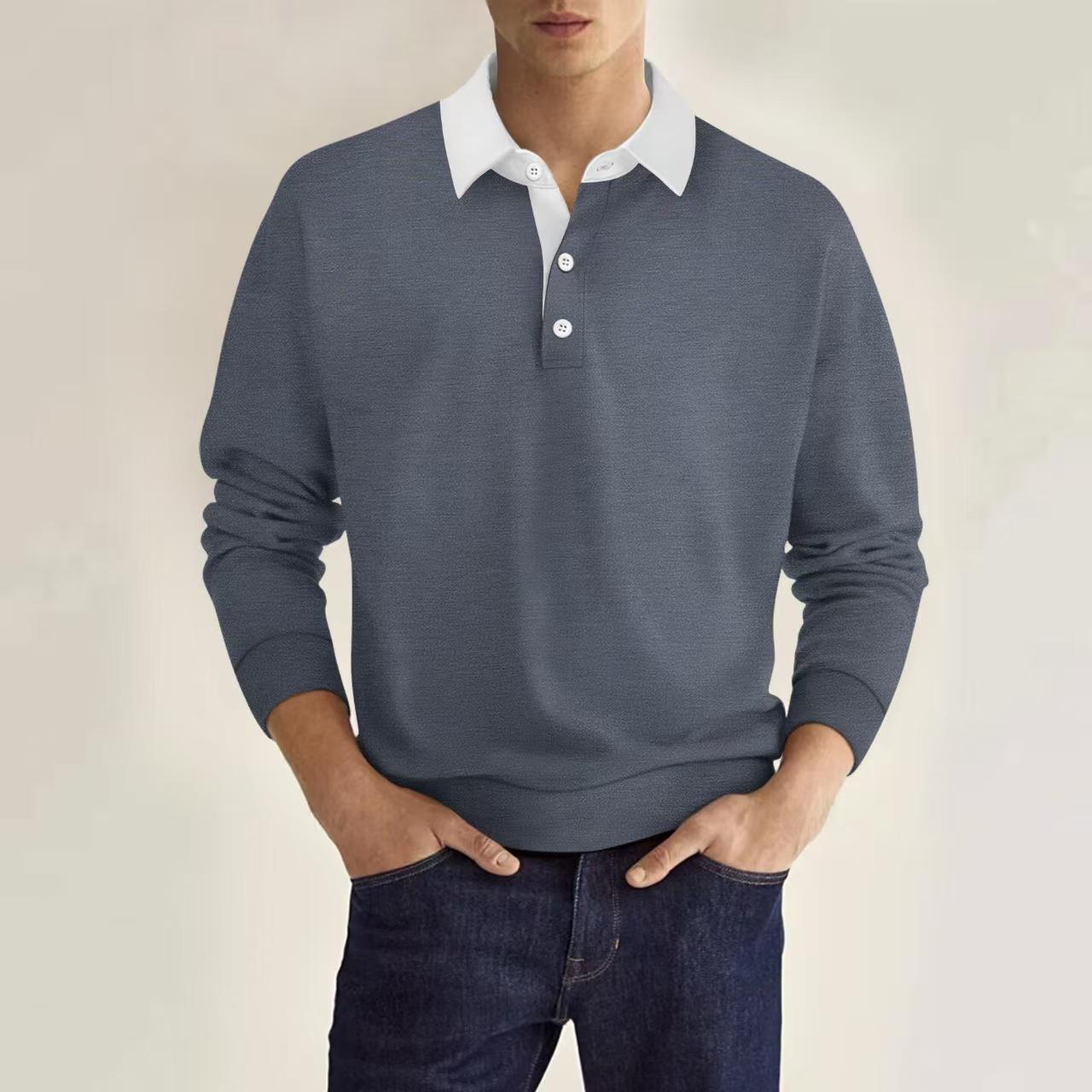 Autumn Long Sleeve Lapel Button Down Men s Casual Top Polo Shirt S серый
