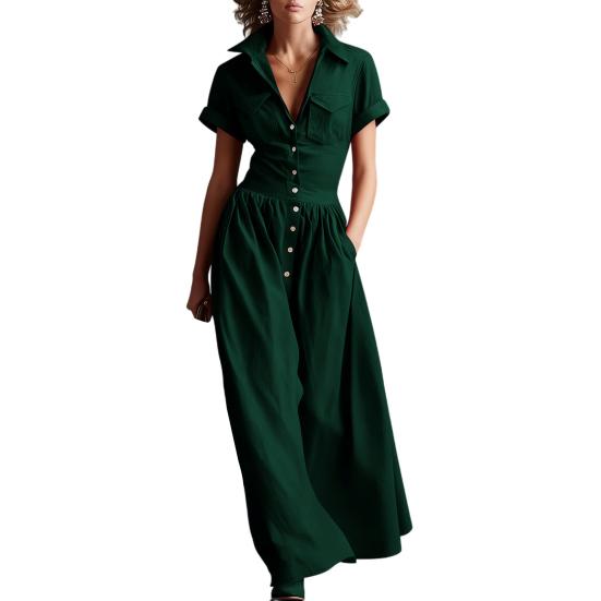 Women Casual Button Down Shirt Dress, Short Sleeve Long Western Cowgirl Dress, Summer Flowy A-Line Maxi Dress with Pockets