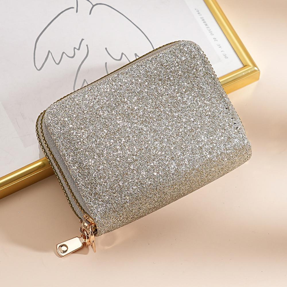 

Portable Mini Size PU Wallet Starry Shiny Double Zipper Organ Card Bag Solid Color Multi-card Slot Coin Purse for Women шампанского