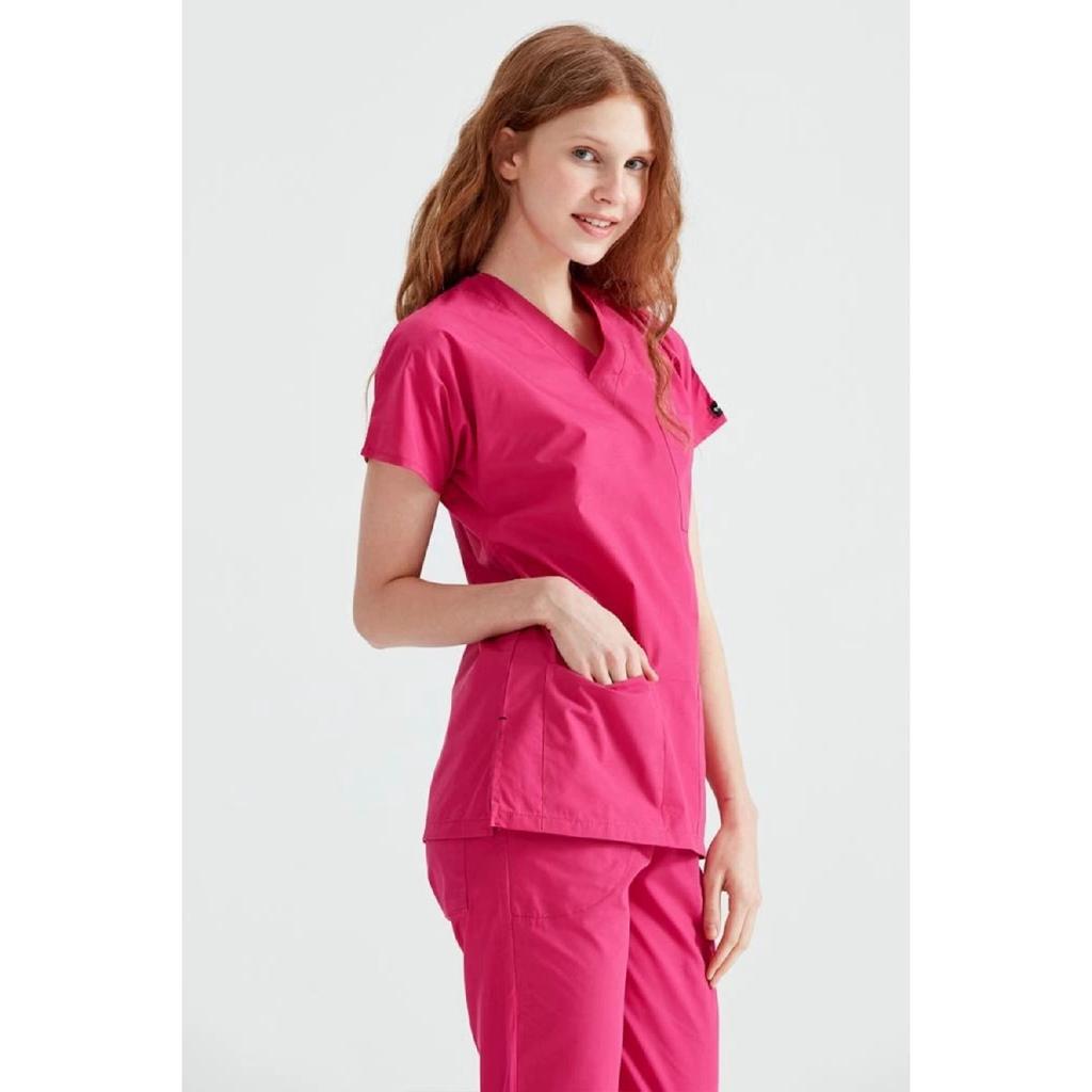 Fuchsia Monochrome Lycra Fabric Surgical Suit V-neck Uniform