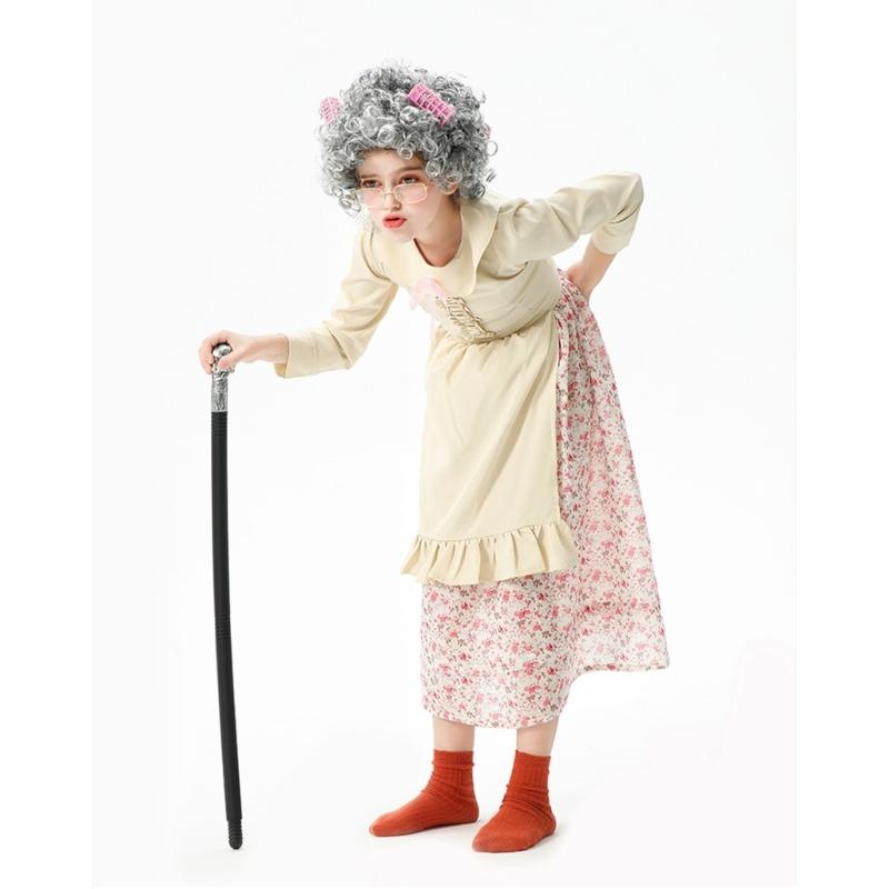 10pcs Kids Old Lady Costume Set 100th Day of School Costume for Halloween Cosplay Props for Girls