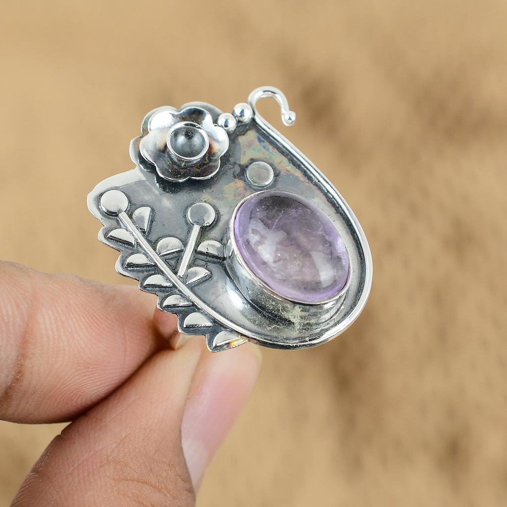 925 Silver Oval African Amethyst Gemstone Promise Birthday Flower Ring Jewelry