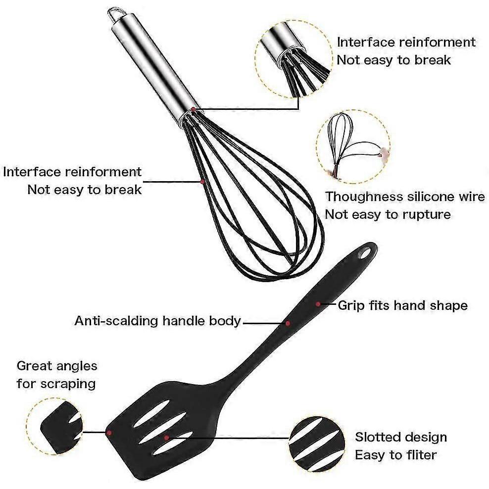 5 Piece Black Kitchen Utensils Set, Cooking Utensils Set Spatula, Whisk, Silicone Dough Scraper, Oil Brush, Non-stick And Heat Resistant Cooking Utens